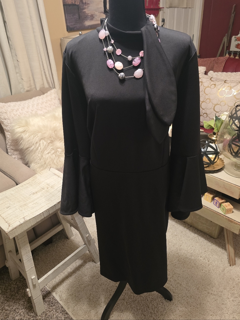 Eloquii Black Long-Sleeve Bell-Sleeve Dress with Neck Tie